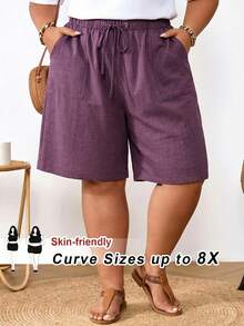 SHEIN CURVE+ Quần short nữ cỡ lớn màu đen có dây rút ở eo, túi, chất liệu vải lanh, kiểu dáng thường ngày, thích hợp mặc mùa hè, trang phục mùa xuân cho nữ, trang phục đi nghỉ mát, trang phục mùa hè/đồng quê/bãi biển cho nữ, trang phục đi biển. - Màu tím - Xem 5
