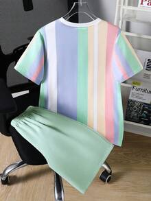 SHEIN Vacaura 2件套：男童条纹圆领短袖T恤和休闲工装短裤 - 綠色 - 查看 2