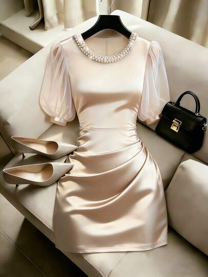 Franclia Elegant Fashion Round Neck Pearl Beaded Puff Sleeve Chiffon Ruffle Hem Bodycon Dress, Suitable For Business, Banquet, Romantic Vacation, Party, Date Luxury Dresses For Women Classy Dresses For Ladies Luxurious Dress Party Outfits For Ladies Date Night Women Outfit Dresses