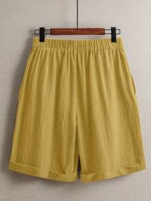 Linhara Pantalones cortos de talla grande de unicolor, estilo casual de vacaciones - Amarillo - Ver 2
