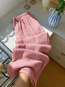 Comfortcana Pantalones casuales de talla grande para mujer con textura de unicolor y cintura con cordón - Rosa vieja - Ver 7