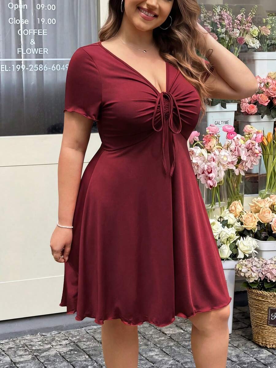 GalTyme Plus Size Women's Valentine's Day Red V-Neck Twist Front Midi Dress - Burgundy - View 1