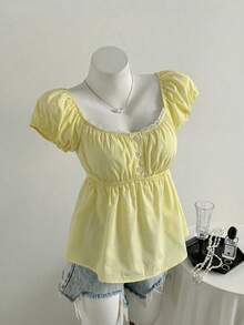 Elamini Women's Summer Solid Color Square Neck Short Sleeve Pleated Blouse,Summer Tops,Summer Clothes,Holiday,White Tops,Polka Dot,Vacation,White Shirt - Light Yellow - View 3