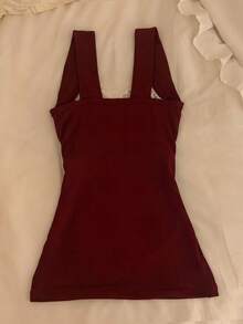 SHEIN Áo hai dây màu đỏ rượu vang phối ren nơ trang trí - Màu Đỏ Sâu - Xem 2