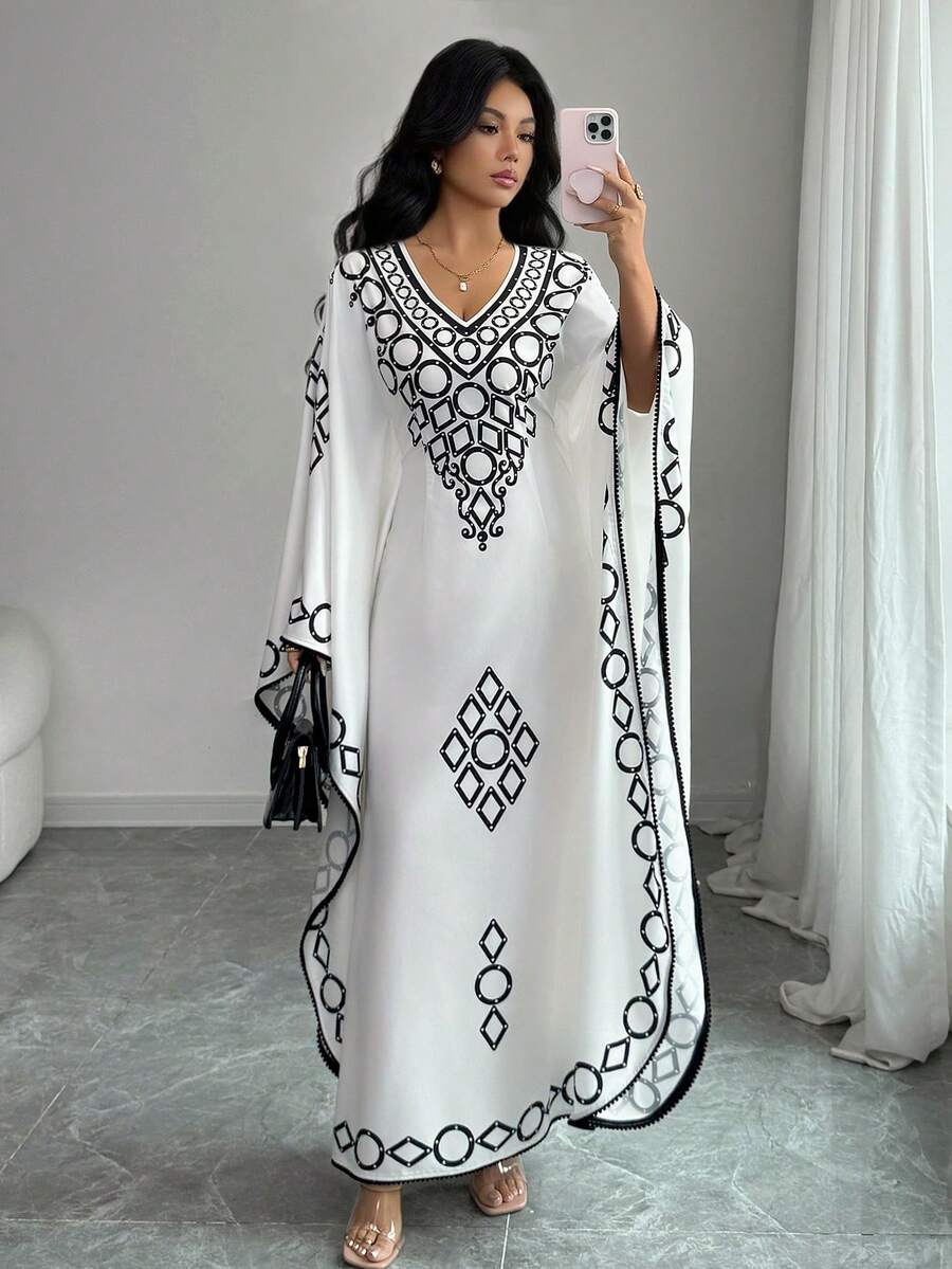 Elenzga Latest Spring & Summer V-Neck Loose Batwing Sleeve Long Dress, Black & White Fashionable Design Sense Dress For Women - Black and White - View 1