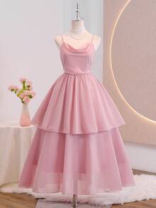 Elegant Chiffon Sleeveless Ruched Waist Layered Cake Skirt Dress,Summer Wedding Party Ninang Bridesmaids,Prom,Birthday Party,Graduation Season Pink - Dusty Pink - View 2