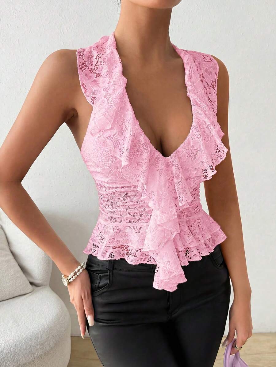 SHEIN Unity Tank Top Halter Berkerah V dengan Hiasan Renda untuk Wanita, Cocok untuk Pesta Liburan - Berwarna merah muda - View 1