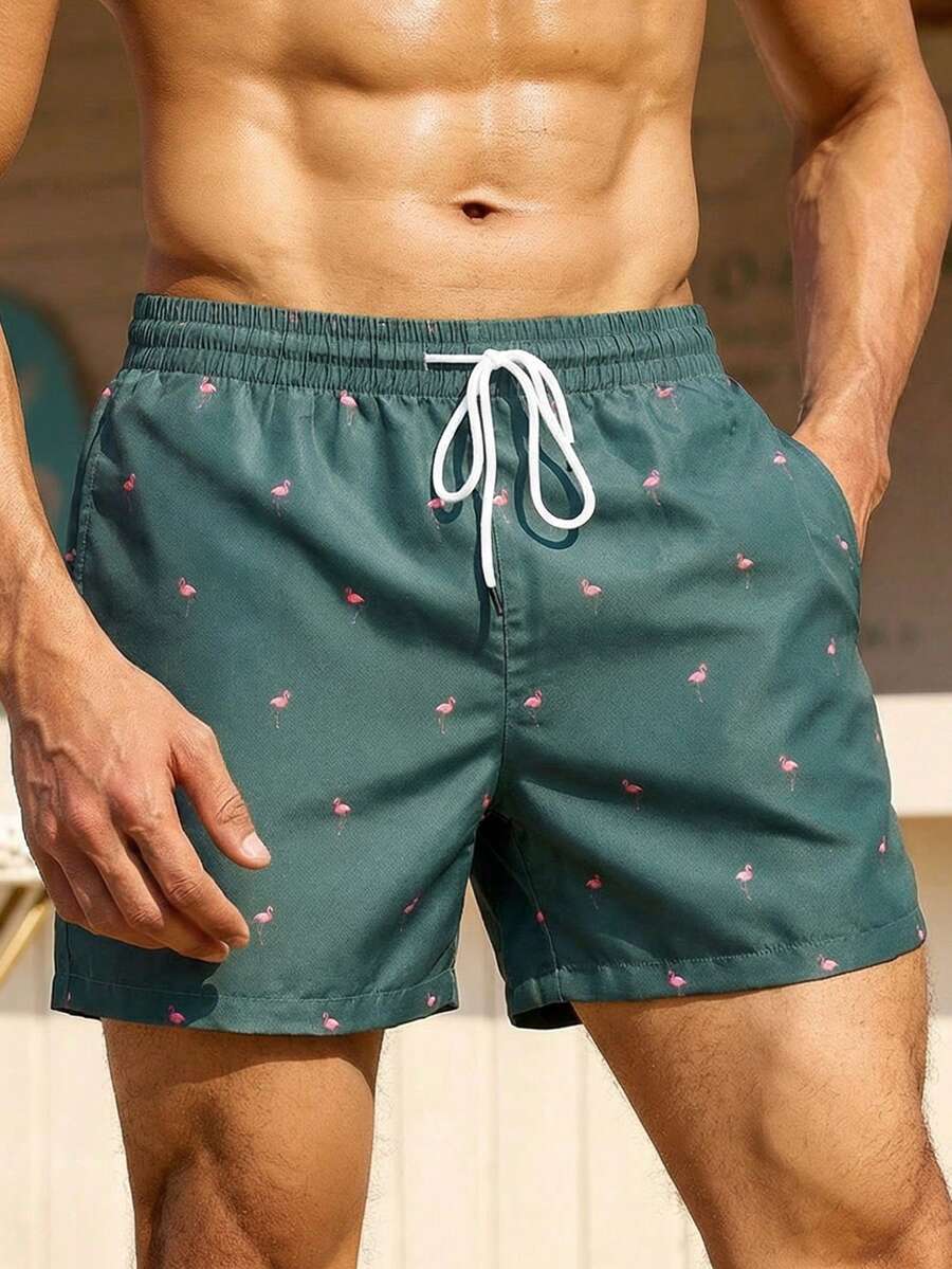 Manfinity Swimmode Men's Flamingo Print Drawstring Waist Beach Shorts Holiday / Vacation / Beach / Hawaii / Tropical / Swim /  Bathing - Green - View 1