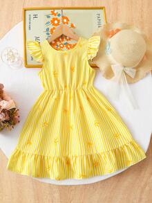 SHEIN Elladie kids 女童优雅条纹蝴蝶结印花圆领喇叭袖露背蝴蝶结装饰腰部荷叶边下摆休闲时尚连衣裙，适合度假旅行，夏季穿着 - 黃色 - 查看 3
