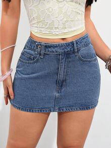 SHEIN PETITE تنورة جينز كاجوال متعددة الاستخدامات للنساء مع جيوب ، للنساء الصغيرات - أزرق متوسط - مشاهدة 1