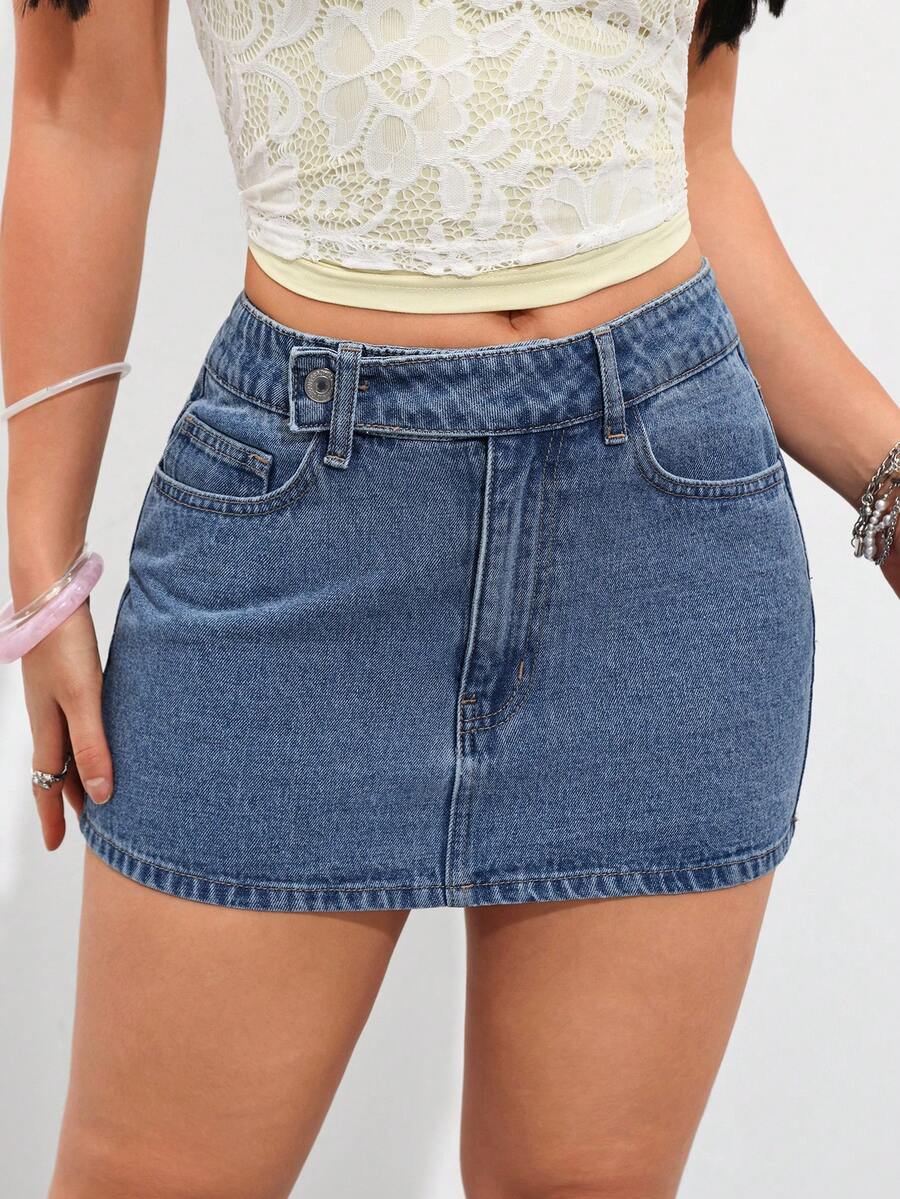 SHEIN PETITE تنورة جينز كاجوال متعددة الاستخدامات للنساء مع جيوب ، للنساء الصغيرات - أزرق متوسط - مشاهدة 1