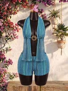 Celisse Bộ đồ 2 món phong cách Bohemian dành cho nữ, áo hai dây kẻ sọc và quần short, thích hợp cho kỳ nghỉ biển. - Màu xanh lam - Xem 3