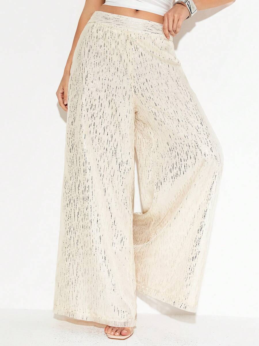 Femmeiva Women's Sequin Wide Leg Loose Fashion Pants - Apricot - View 1