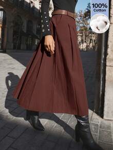 Maija Falda acampanada grande de color rojo madera naranja rojo con intrincado trabajo de plisado, bolsillos laterales, cinturón de piel sintética y metal desmontable, vestido de verano versátil Y2K para oficina, eventos sociales y ocasiones formales - Color caoba - Ver 7