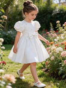 Glamorique Kids Girls' White Sleeveless Beaded Bow Decor Party Dress, Children's Birthday Wedding Flower Girl Dress, Minimalist Elegant Princess Gown For Party White Bow Dress Girls Elegant White Dress Disneyland Flower Girl Princess Dress White Baptism Dress With Pearls Sparklyn Short Sleeve Girls Dress Little Sister Girl White Elegant Dress White Pearl Dress Communion White Flower Girl Dress Girls Dress Short Sleeve - Beige - View 8