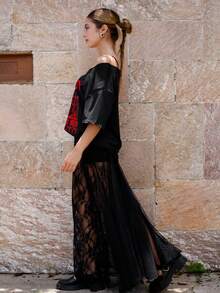 Ananda Vibes 1 chiếc áo thun nữ size lớn phong cách cao bồi dáng rộng vai trễ, màu đen oversize thường ngày - màu đen - Xem 6