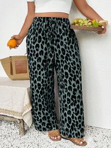SHEIN Frenchy Plus Size Women Leopard Print Drawstring Waist Casual Pants - Multicolor - View 1