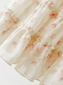 SHEIN Baby Girls' Fashionable Casual Floral Pattern Bow Decor Cake Dress, Suitable For Spring, Summer, Autumn, Home, Vacation, Holiday, Party, Daily Wear - White - View 3
