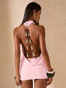 SHEIN BAE Women's Elegant Elegant Beaded Halter Backless Dress, Minimalist Design For Summer Cocktail Light Pink - Coral Pink - View 2