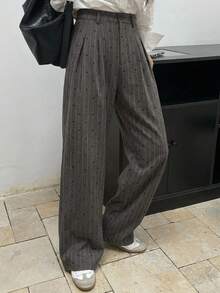 DAZY Pantalones casuales y de negocios con estampado de rayas y pliegues para mujer - Gris - Ver 2