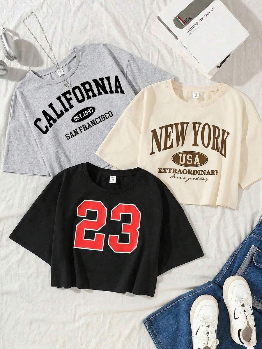 SHEIN Bộ 3 áo thun tay raglan dáng rộng lửng cho bé gái tuổi teen, kiểu dáng thường ngày, đa năng, in chữ. - Nhiều màu - Xem 1
