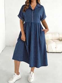 SHEIN Essnce Đầm ngắn tay dáng rộng in sọc xanh trắng dành cho nữ, thích hợp cho mùa xuân và mùa hè. - Nhiều màu - Xem 3