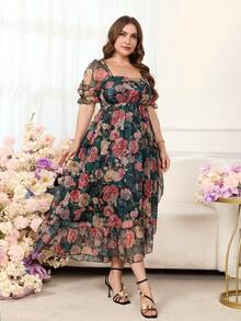 Levarali Vestido elegante de manga corta con cuello cuadrado y estampado floral para mujer de talla grande - Verde - Ver 7