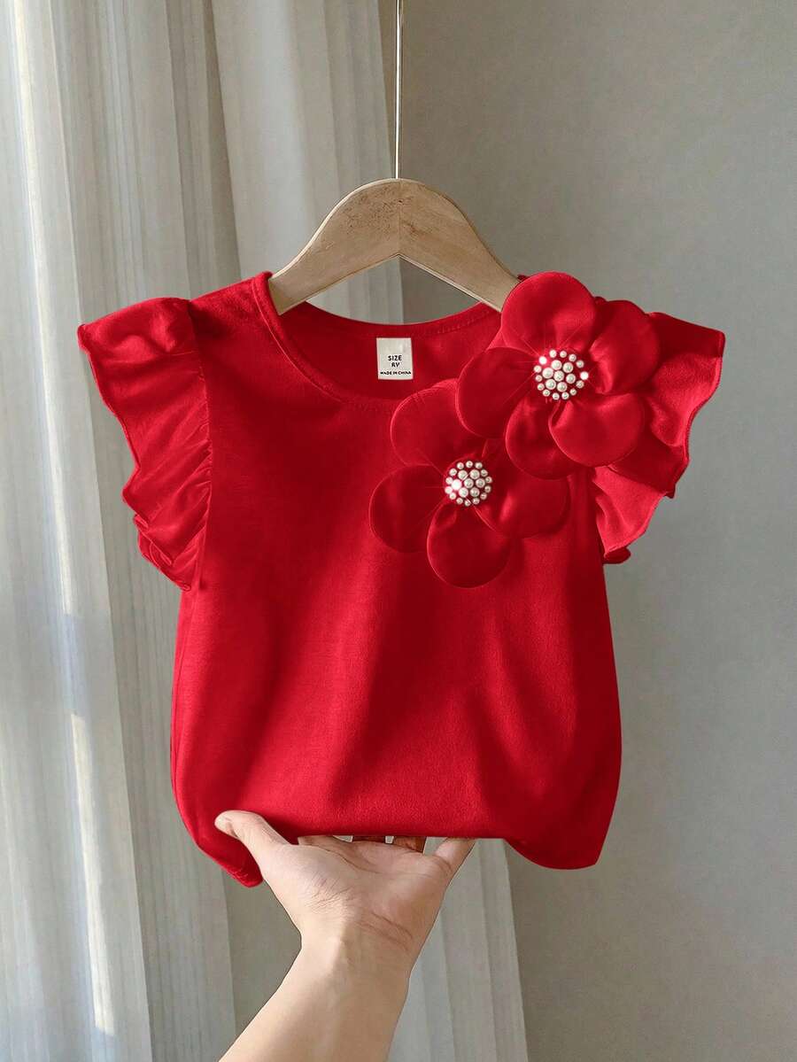 SHEIN Young Girl Floral 3D Decor Round Neck Elegant Ruffle Trim T-Shirt - Red - View 1