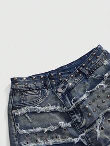 ROMWE J-Fashion Chân váy mini denim ôm sát rách rưới, đính đinh tán và ngọc trai, phong cách retro Y2K dành cho nữ. - Màu xanh lam - Xem 3