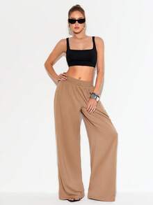 Femmeiva Women's Casual Girlisim Sports Solid Color Elastic Waist Slant Pocket Sweatpants Golf Pastal Summer - Brown - View 5