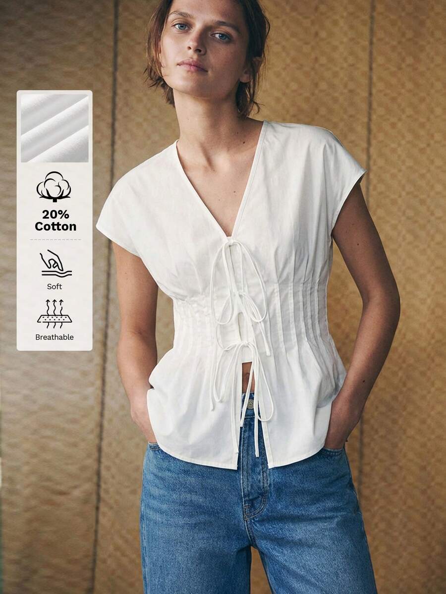 Maija Áo sơ mi nữ màu trắng mới mùa xuân/hè, kiểu dáng hiện đại, thanh lịch, thắt nơ phía trước, xếp ly ở vai, thích hợp cho lễ hội/tiệc tùng/ngày Valentine. - trắng - Xem 1