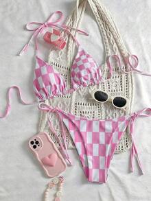 Swim Mod Bộ bikini nữ kẻ caro hai mặt có dây buộc cổ - Nhiều màu - Xem 3