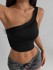 SHEIN Dewbera Top deportivo negro de mujer ajustada y sin mangas con pliegues asimétricos, adecuada para uso casual diario, correr, yoga, gimnasio, tenis, golf, de moda y versátil - Negro - Ver 6