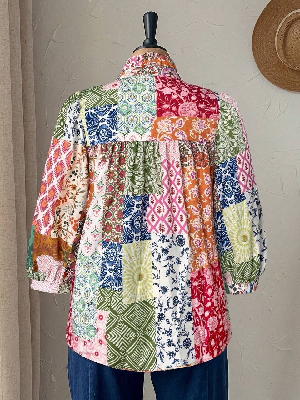 Plus Size Women Patchwork Print Boho Blouse, Autumn Casual Versatile Daily Wear Top, Vacation Holiday Festival Summer Spring Top Party All White