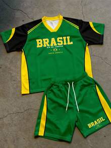 Manfinity EMRG 男士V领字母印花网眼短袖T恤和短裤休闲套装 - 彩色 - 查看 5