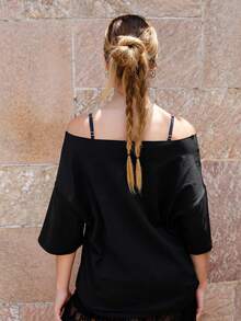 Ananda Vibes 1 chiếc áo thun nữ size lớn phong cách cao bồi dáng rộng vai trễ, màu đen oversize thường ngày - màu đen - Xem 2