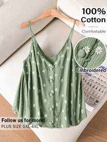 CosyJoli Atasan Wanita Ukuran Plus Berkerut Lucu, Atasan Bordir Bunga, Kamisol Menggemaskan - Olive Green - View 3