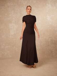 Lumalex 女士褶皱修身收腰喇叭连衣裙 - 咖啡棕 - 查看 6