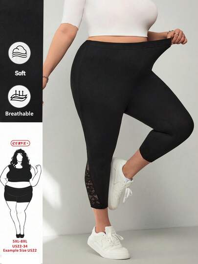 SHEIN CURVE+ Plusstorlek damleggings med enfärgade stretchiga midjor och kontrasterande spets