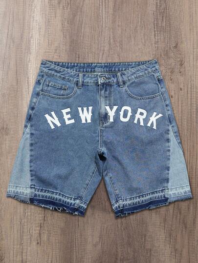 Manfinity Joysei Herren amerikanischer Street-Style bedruckte Kontrast-Farbblock-WaschDenim Shorts