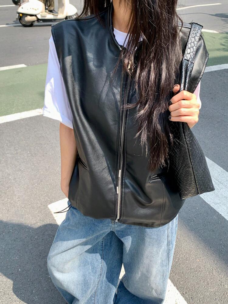Women's PU Leather Casual Versatile Daily Wear Vest Jacket