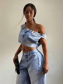 SHEIN PETITE Áo crop top denim nữ gợi cảm với gấu áo rách và vai bất đối xứng - Rửa nhẹ - Xem 5