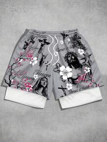 ROMWE MEN Goth Quần short nam hai lớp, cạp chun, in chữ và hoa. - Nhiều màu - Xem 1