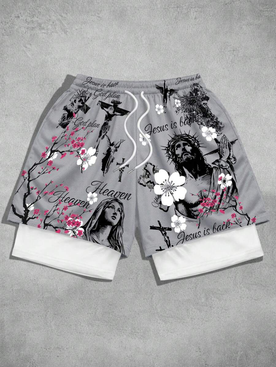ROMWE MEN Goth Quần short nam hai lớp, cạp chun, in chữ và hoa. - Nhiều màu - Xem 1