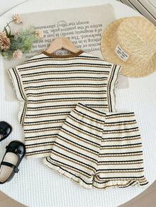 LMoss Kids Set de 2 piezas con camiseta de punto de cuello redondo a rayas y pantalones cortos para niña joven - Caqui - Ver 2