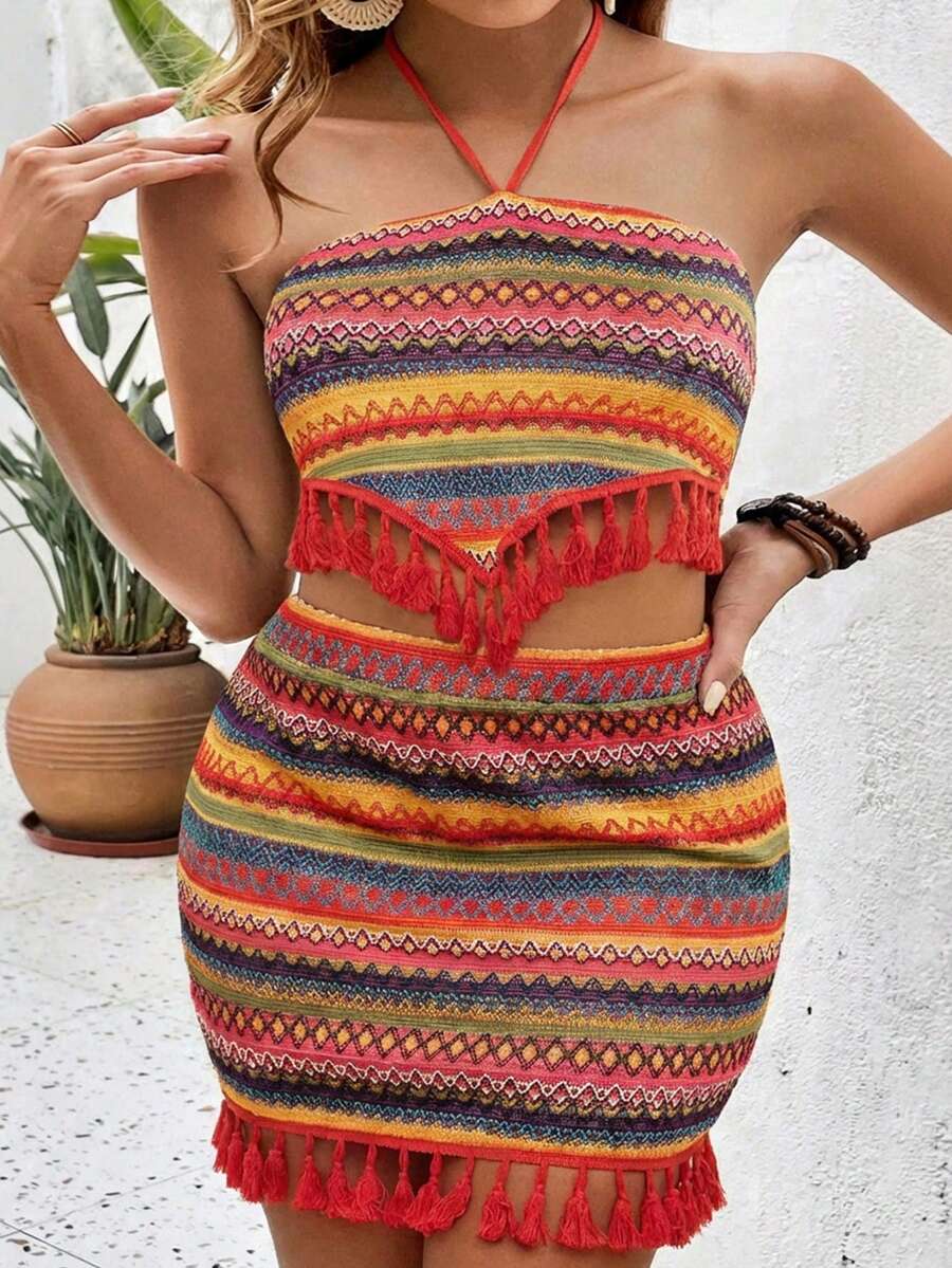SHEIN VCAY Plus Size Women's Red Summer Boho Holiday 2 Pieces Set,Halter Backless Tassel Hem Knit Blouse & Mini Skirt,Vacation Festival Two Piece Outfit