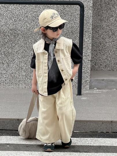 Dazy Kids Young Boy Single-Breasted Denim Shirt And Casual Pants Set