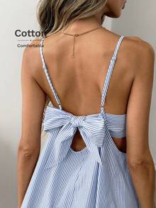 Easowa V-Neck Backless Bow Tie Camisole A-Line Dress, Doll Style Striped Cotton Fabric Casual Loose Elegant Commuter Vacation Mini Dress For Women, Spring/Summer,Summer Dresses For Women - Multicolor - View 7