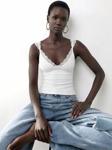 Maija 2025夏季新款优雅蕾丝领拼接修身白色衬衫，适合婚礼宾客、早午餐、机场、波西米亚风度假、音乐节、复活节、毕业典礼、日常休闲穿着 - 白色 - 查看 2