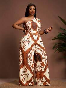 Veslaya 大码女式休闲印花阔腿连体裤 - 橘色 - 查看 3